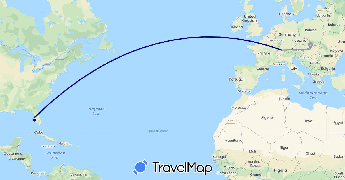 TravelMap itinerary: driving, plane in Switzerland, Hungary, United States (Europe, North America)